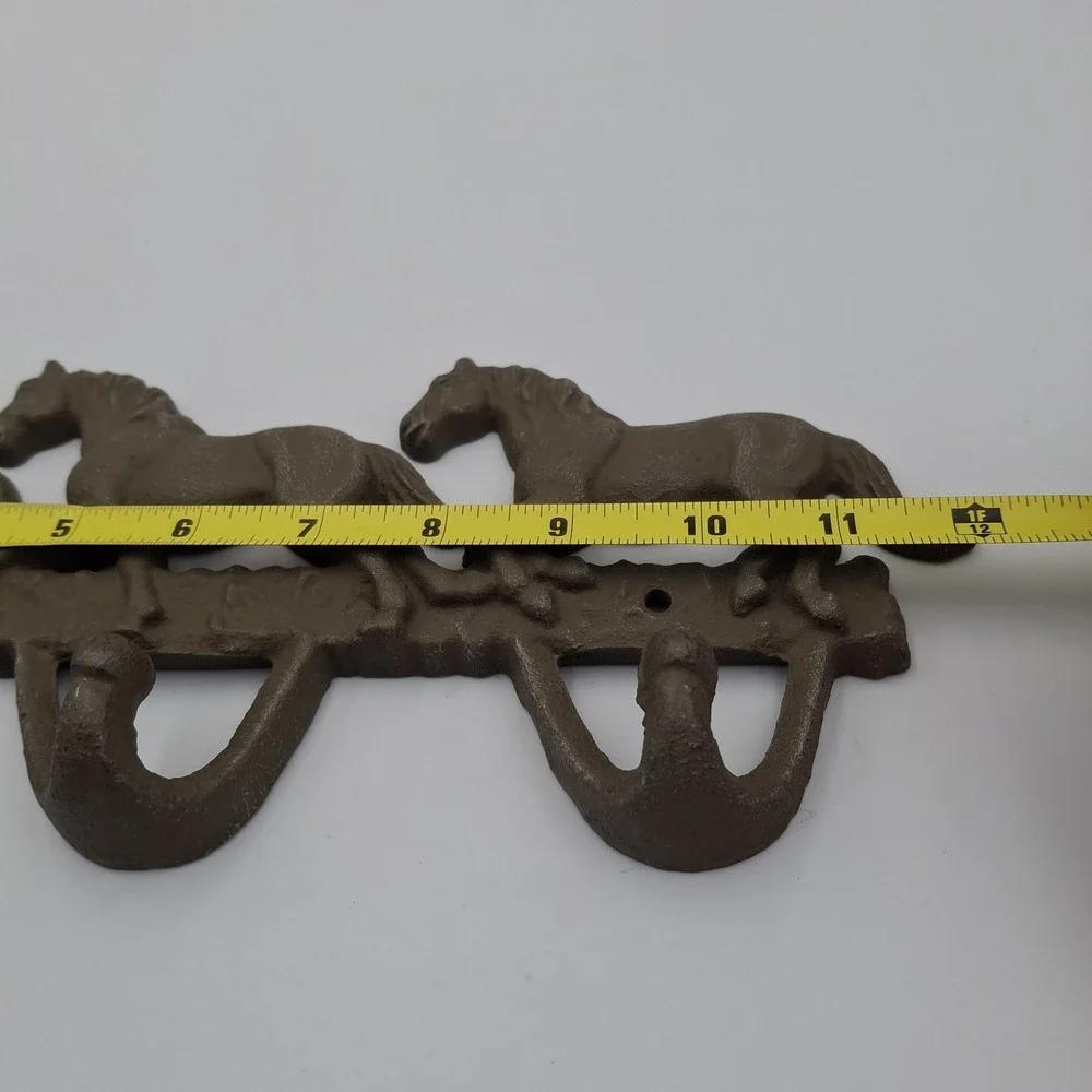 Vintage Rustic Cast Iron Running Horses Wall Hook Rack 3 Hook Western Decor 12